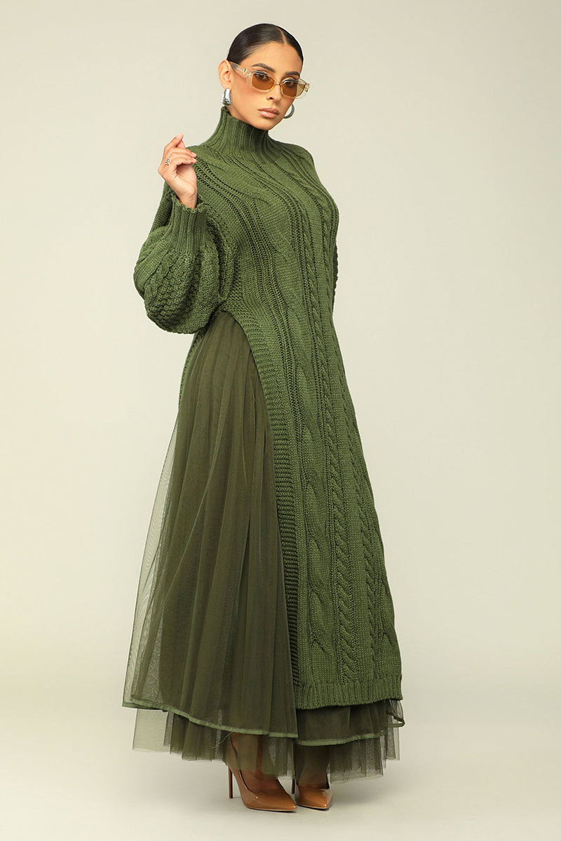 Cozy Chunky Knit Mock Neck Mesh Hem Dress (Buy 2 Free Shipping)