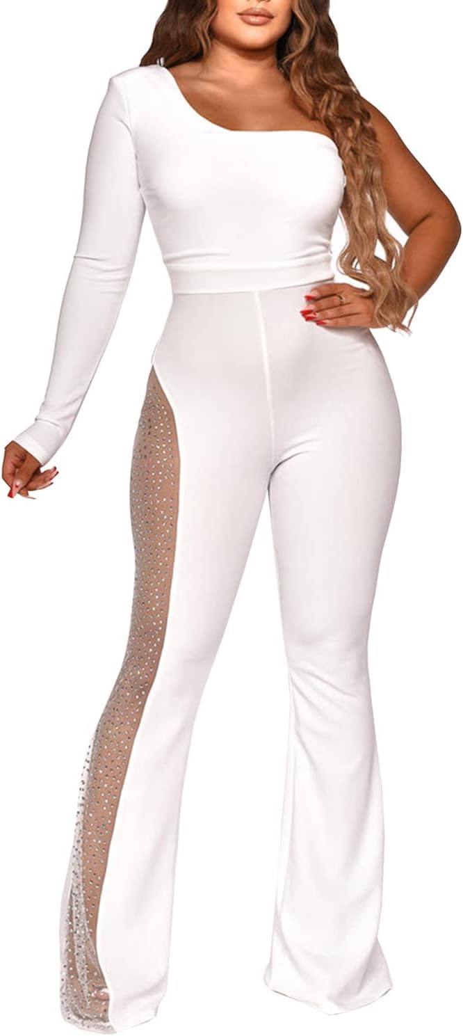 One Shoulder Bodycon Rhinestone Leg Jumpsuit (Buy 2 Free Shipping)