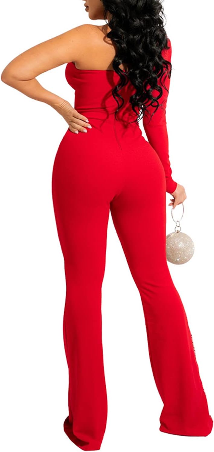 One Shoulder Bodycon Rhinestone Leg Jumpsuit (Buy 2 Free Shipping)