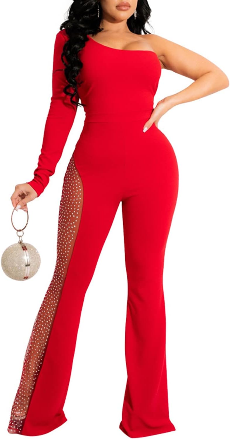 One Shoulder Bodycon Rhinestone Leg Jumpsuit (Buy 2 Free Shipping)