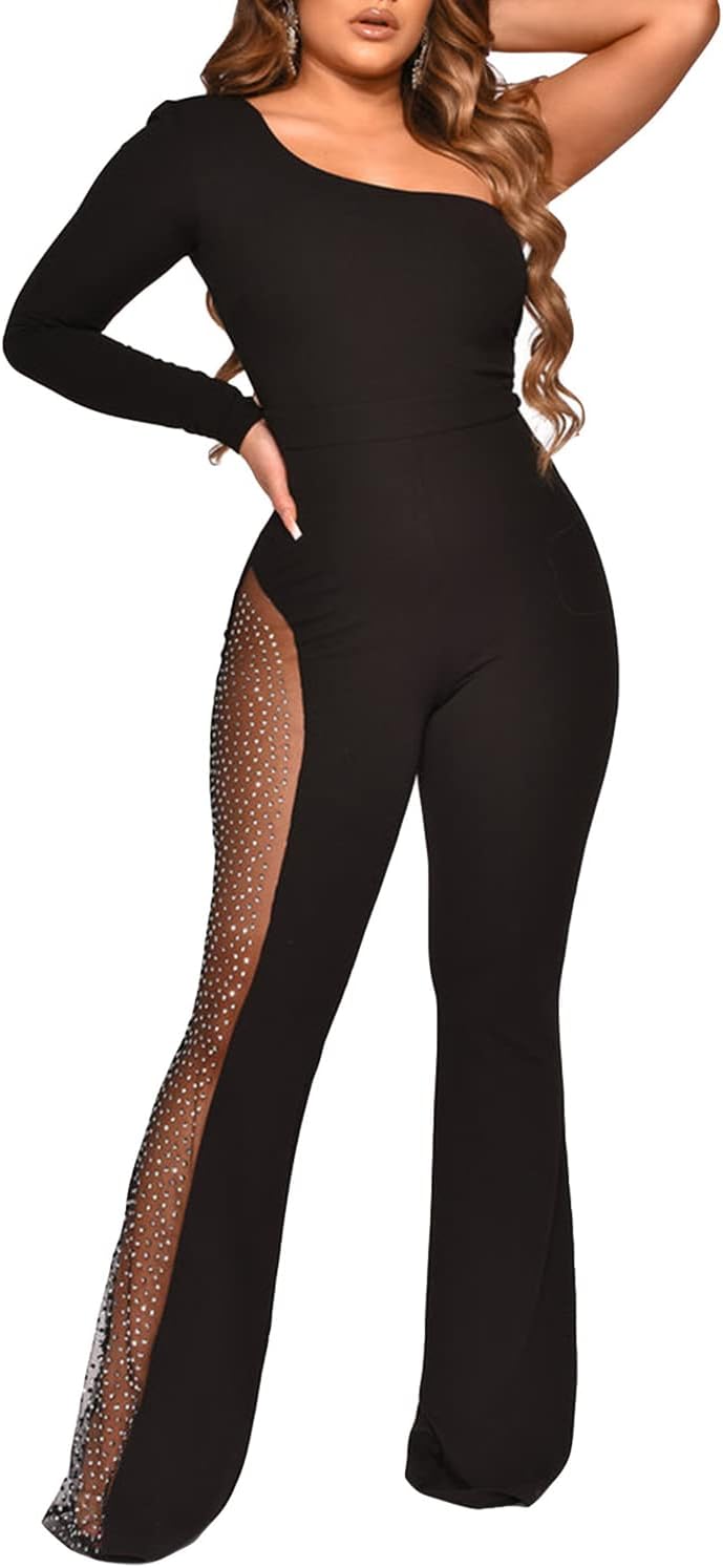 One Shoulder Bodycon Rhinestone Leg Jumpsuit (Buy 2 Free Shipping)