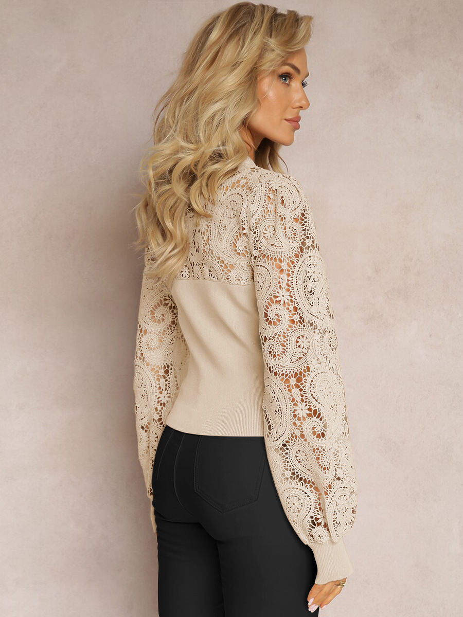 Elegant Lace Panel Knit Long Sleeve Top