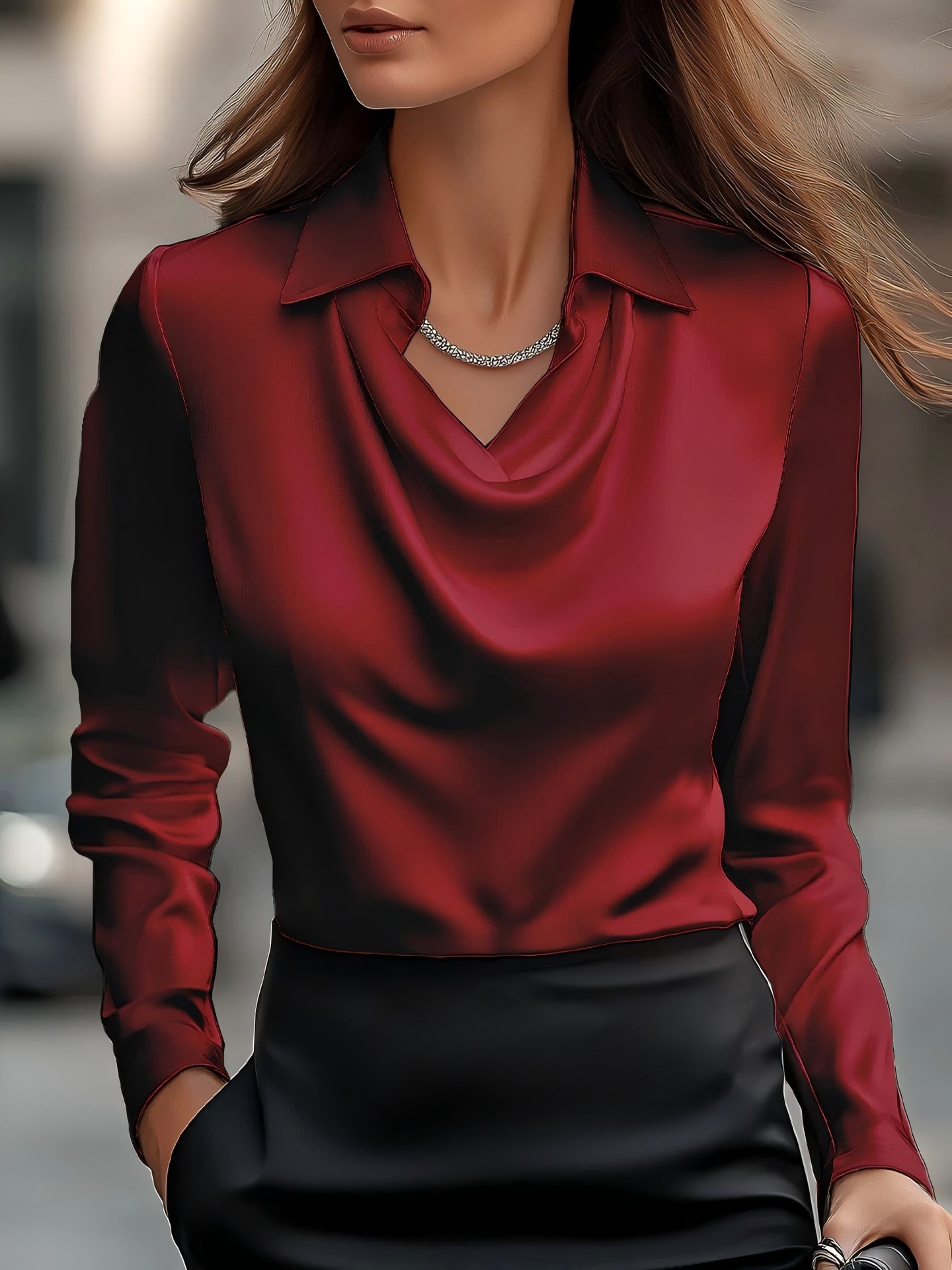 Elegant Cowl Neck Satin Blouse Long Sleeve Draped Top (Buy 2 Free Shipping)