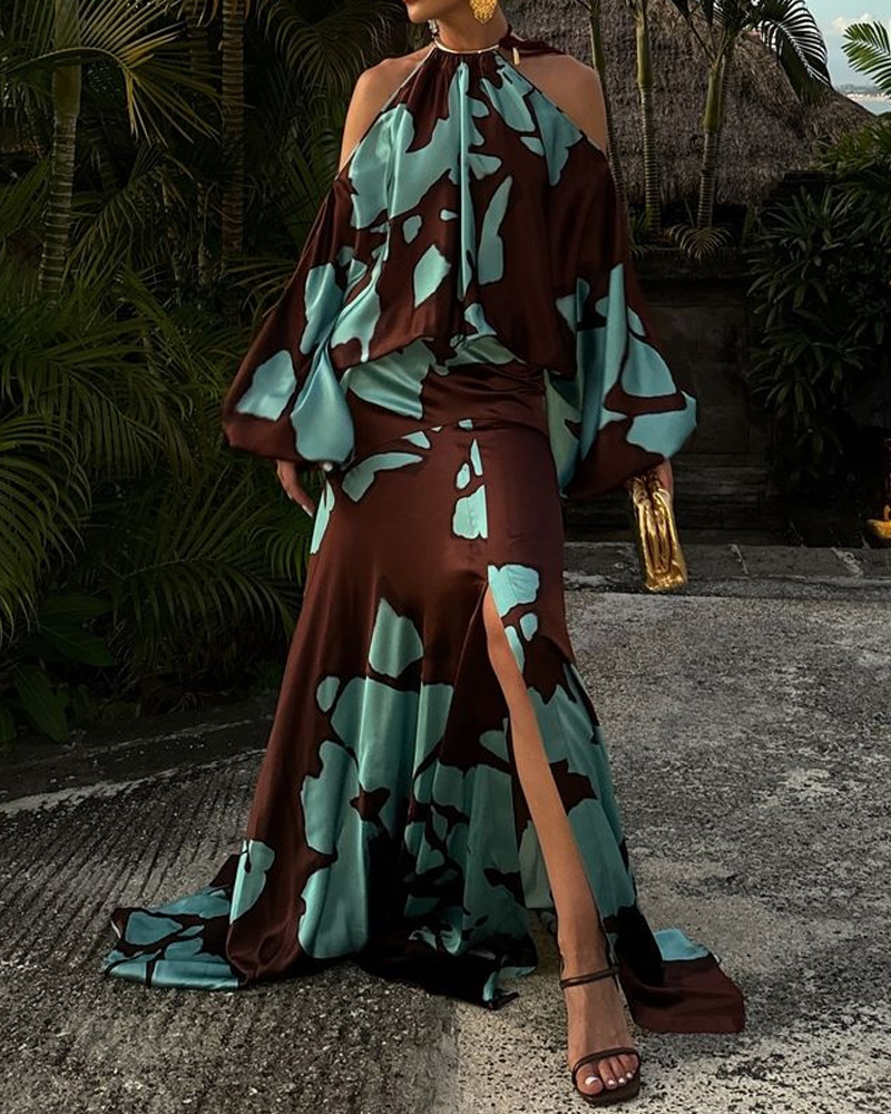 Off-the-shoulder Printed Slit Dress (Buy 2 Free Shipping)