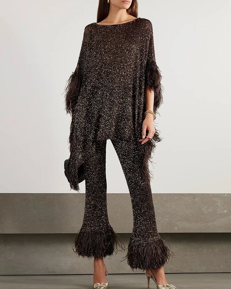 Asymmetric Feather Trimmed Sequin Embellished Top and Pants Set