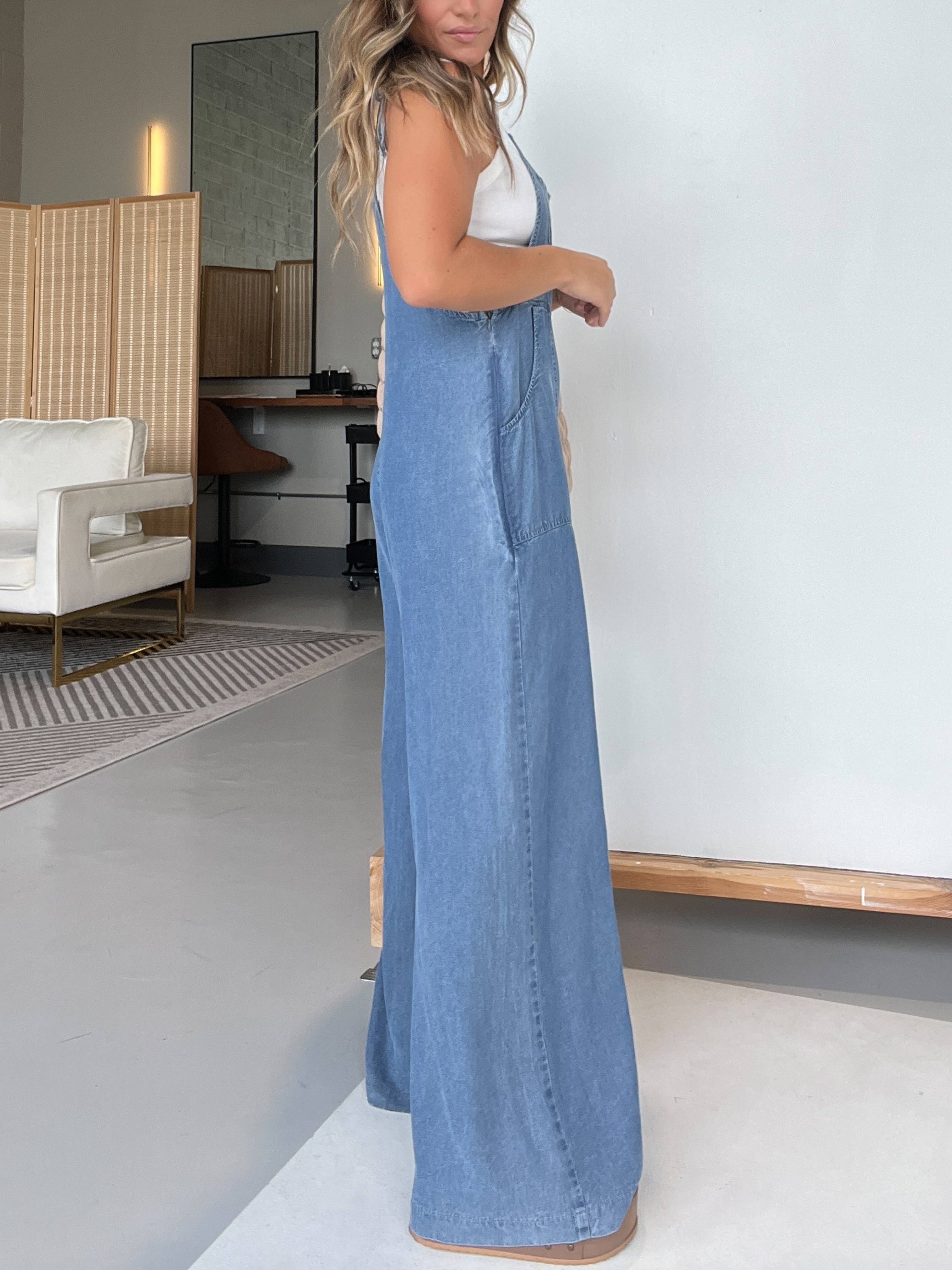 Tencel Front Pocket Wide Leg Overall Jumpsuit (Buy 2 Free Shipping)