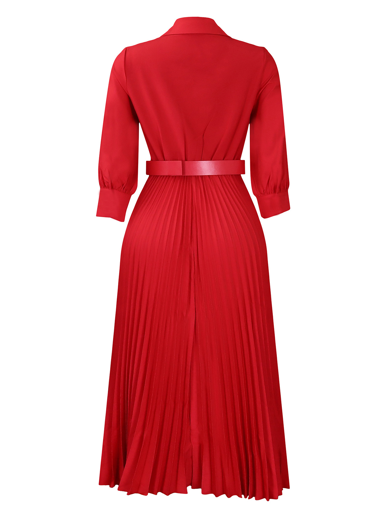 Chic V-Neck Belted Pleated Midi Dress with Puff Sleeves