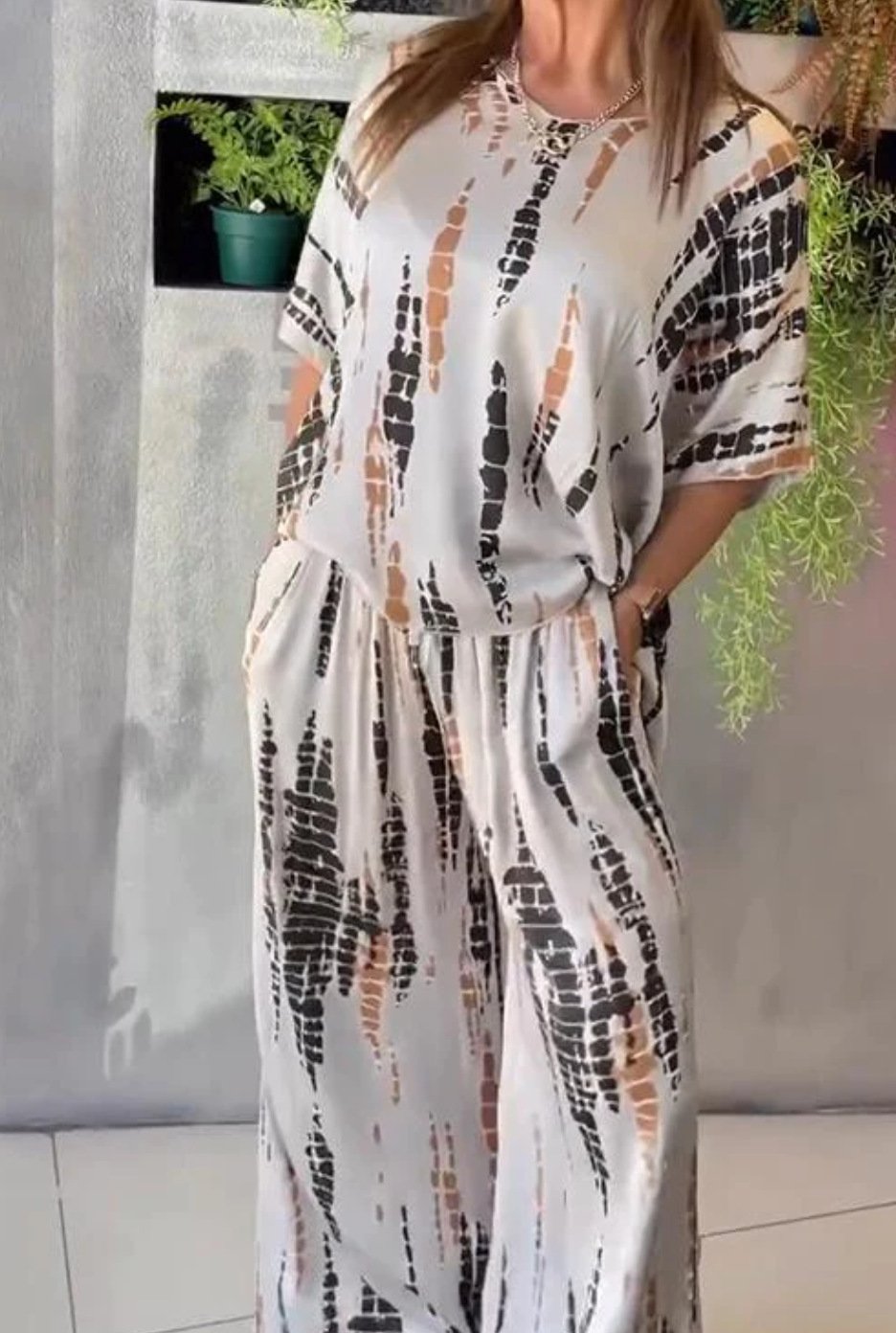 2 Piece Sets For Women Short Sleeve Oversized Blouses Tops Matching Wide Leg Pants