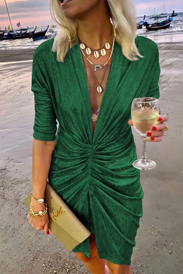 Spotlight City V-Neck Ruched Party Dress (Buy 2 Free Shipping)