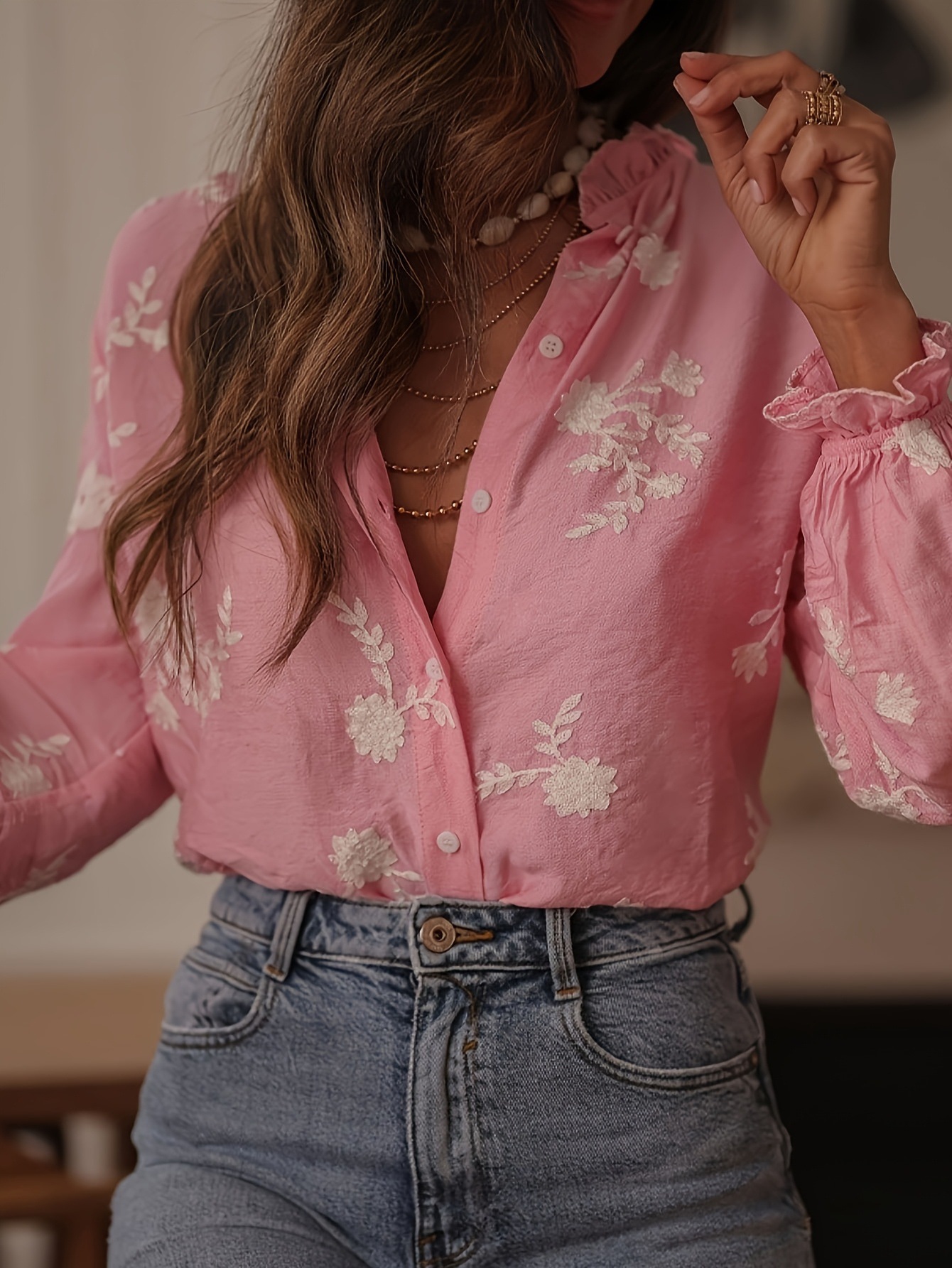 Elegant Floral Embroidery Ruffle Cuff Button Blouse