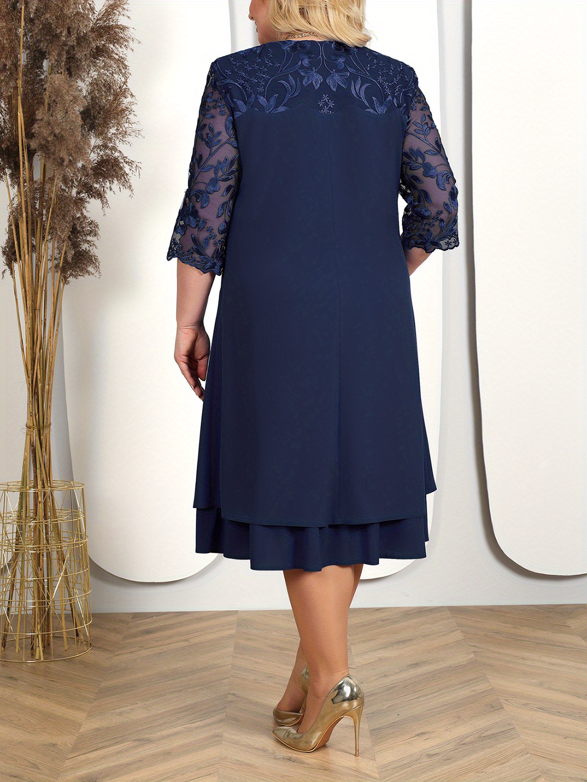 Elegant Plus Size Embroidered Chiffon Midi Dress (Buy 2 Free Shipping)