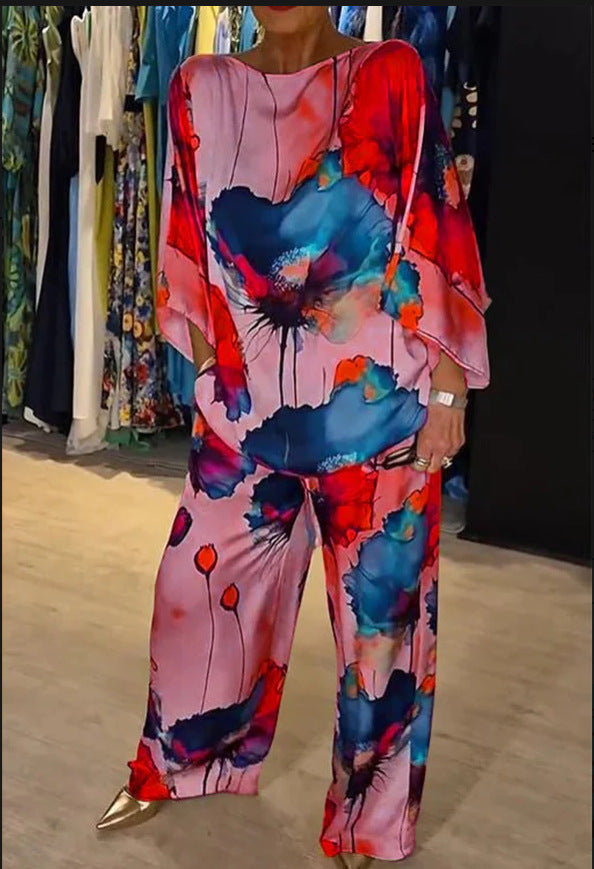 Elegant Watercolor Floral Print Loose Fit Two-Piece Set (Buy 2 Free Shipping)