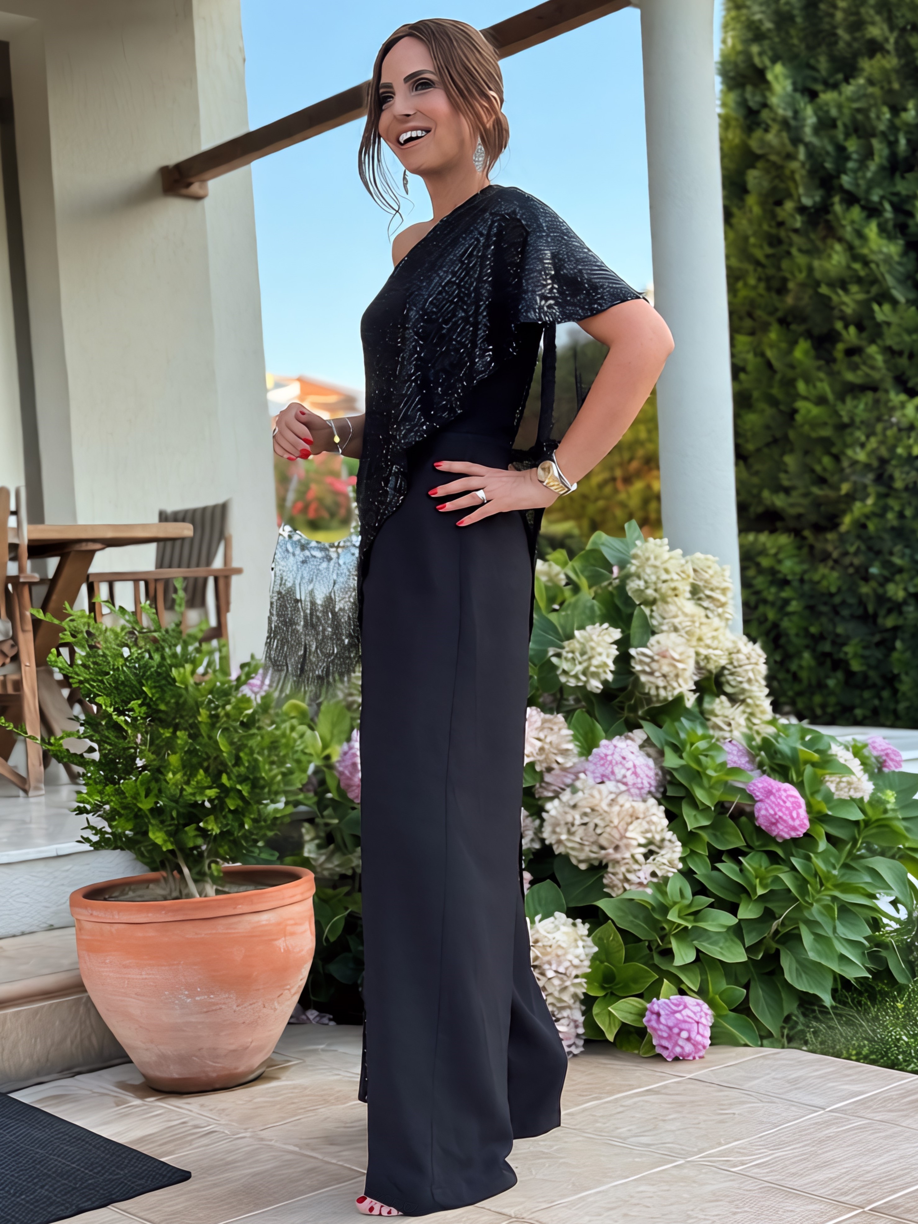 Elegant One-Shoulder Sequin Drape Wide Leg Jumpsuit (Buy 2 Free Shipping)