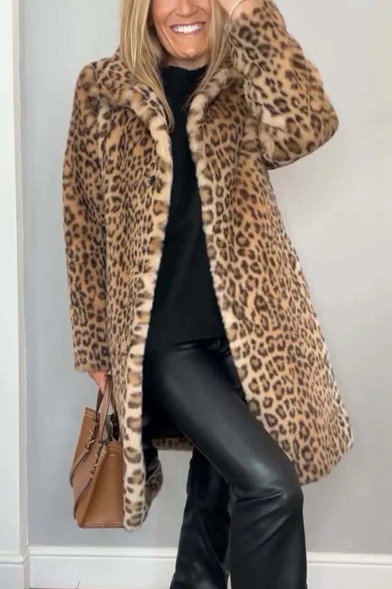 Chic Leopard Plush Collar Coat - Soft Faux Fur Outerwear (Buy 2 Free Shipping)