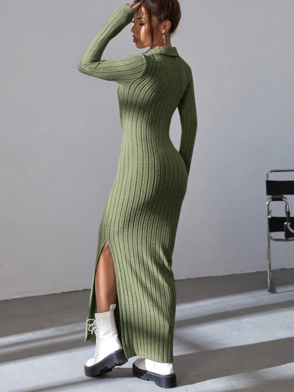 Knitted Fitted Lapel Long Sleeve Ribbed Dress (Buy 2 Free Shipping)