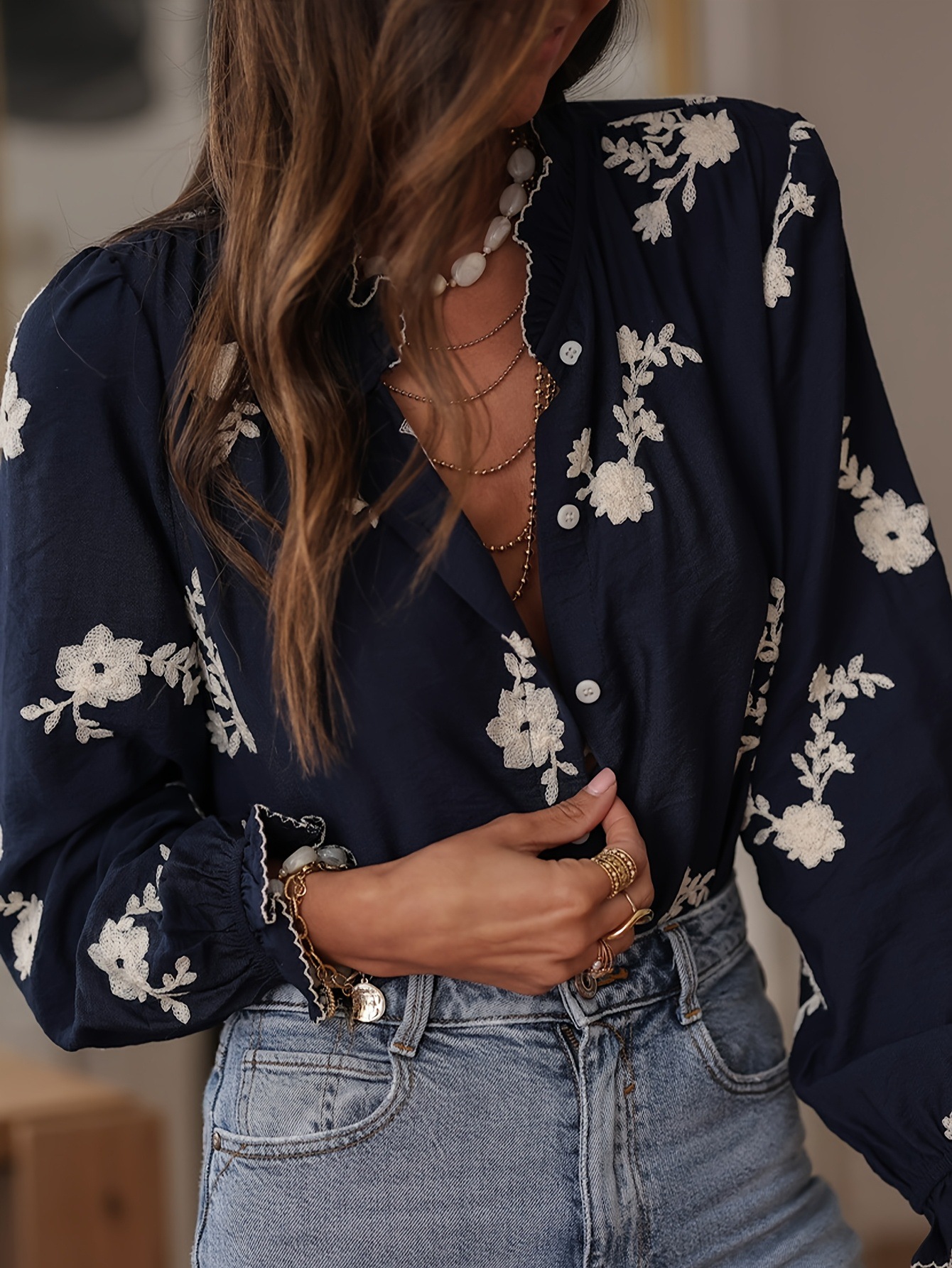 Elegant Floral Embroidery Ruffle Cuff Button Blouse
