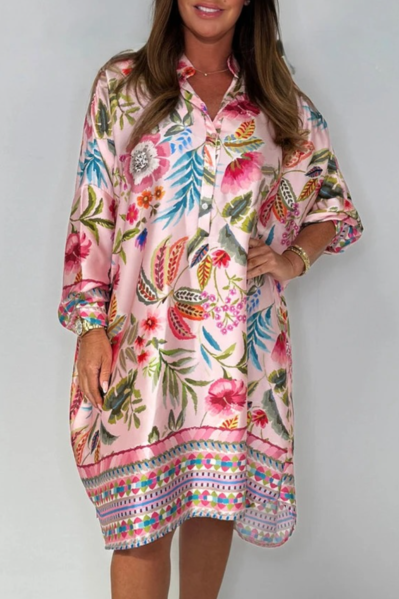 Vintage Floral Satin Loose Fit Shirt Dress (Buy 2 Free Shipping)