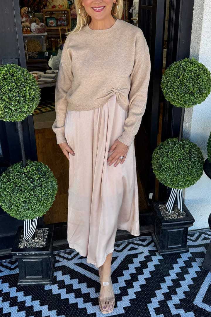 2025 European And American Style Cross-Border Women'S Clothing Independent Station Autumn And Winter Solid Color Round Neck Knitted Pleated Long-Sleeved Skirt Suit 2-Piece Set