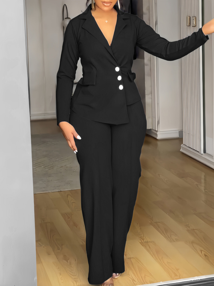 Elegant Blazer & Wide Leg Pants Set with Structured Waist and Asymmetric Hem (Buy 2 Free Shipping)
