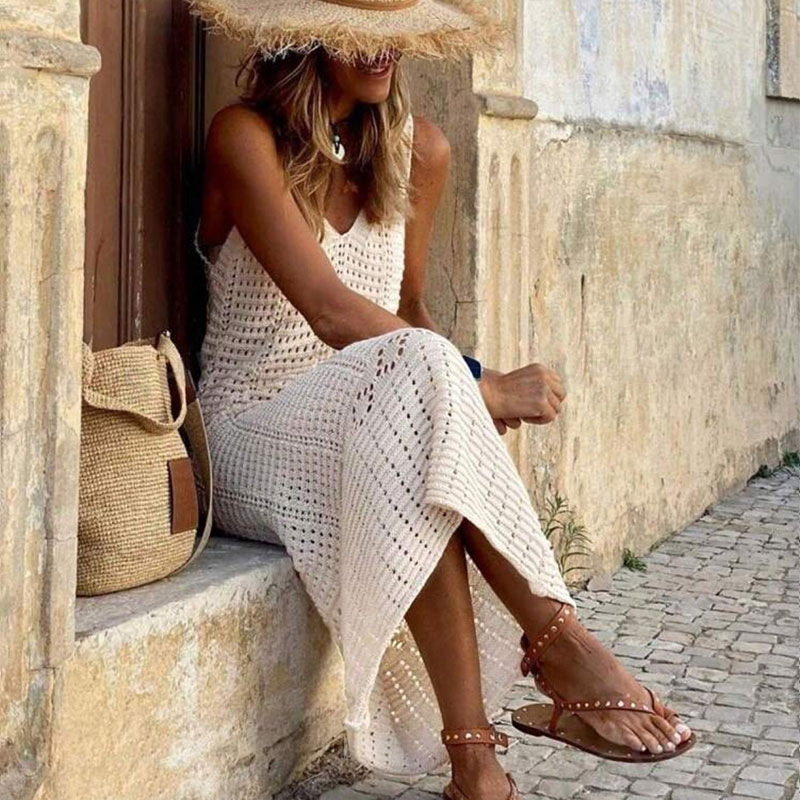Elegant V-Neck Sleeveless Crochet Knit Maxi Dress