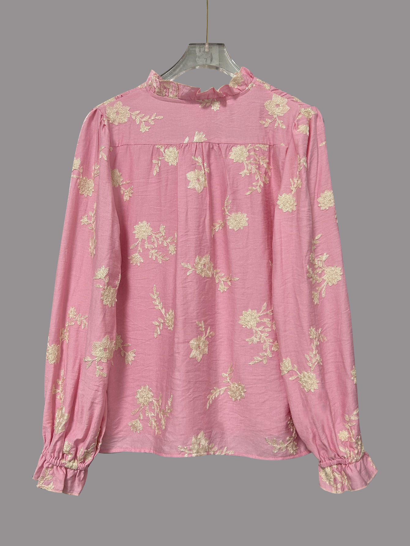 Elegant Floral Embroidery Ruffle Cuff Button Blouse