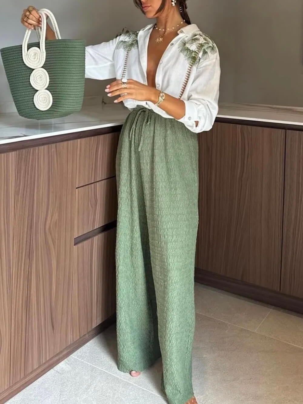 Tropical Calling Linen Blend Loose Blouse and Elastic Waist Pocket Pants Set