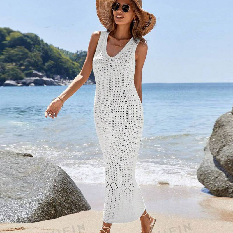 Elegant V-Neck Sleeveless Crochet Knit Maxi Dress