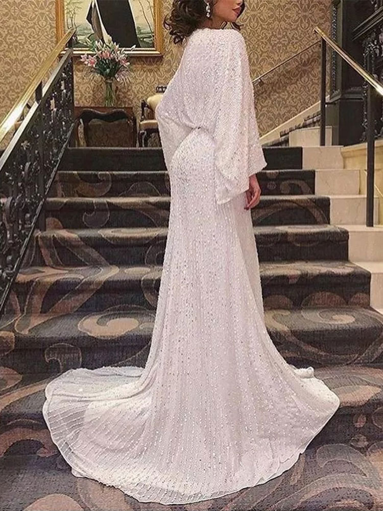 Elegant Sequin Deep V Long Sleeve Maxi Dress Fashion High Waisted Fishtail Dresses