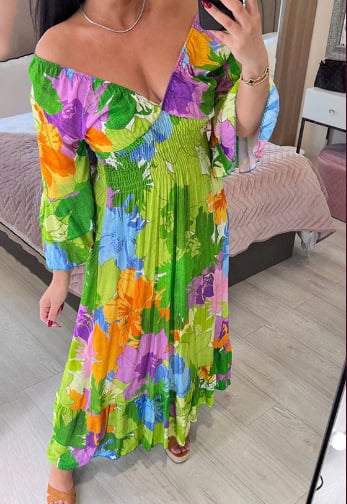 Floral Print V Neck Colorful Midi Dress(Buy 2 Free Shipping)