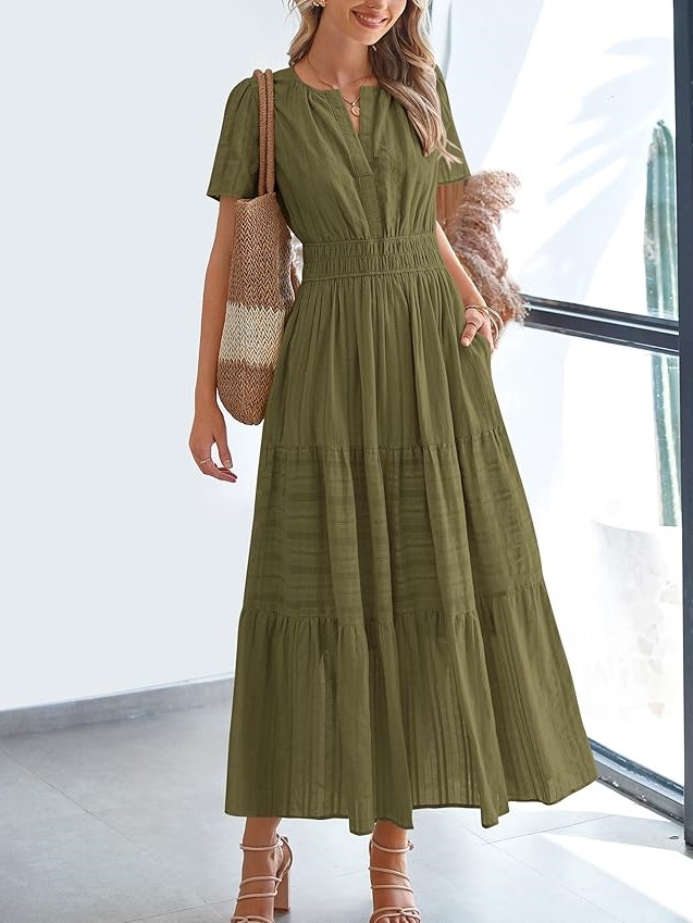 Summer Casual Smocked Waist V-Neck Tiered Midi Dress
