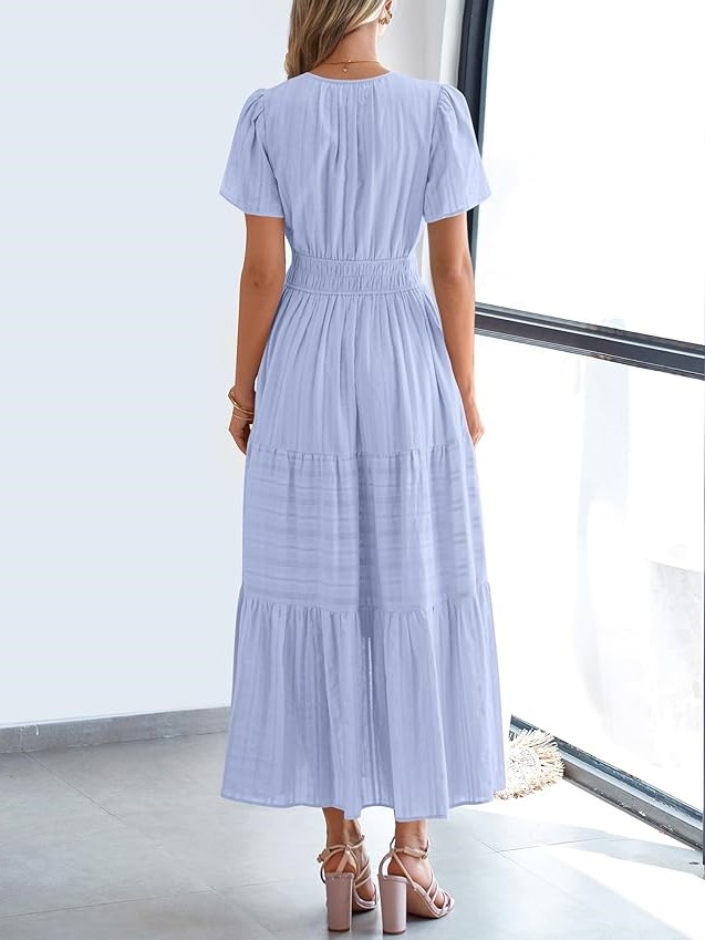 Summer Casual Smocked Waist V-Neck Tiered Midi Dress
