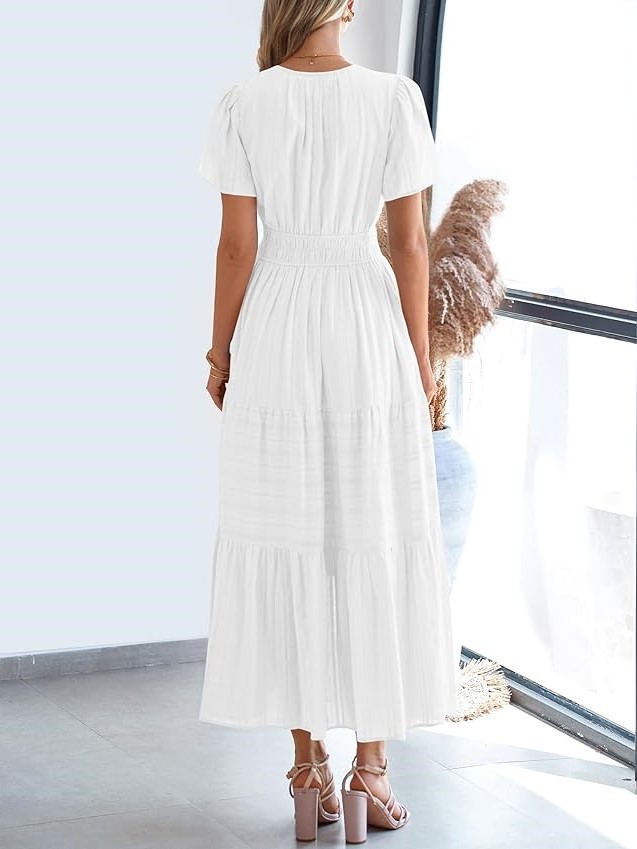 Summer Casual Smocked Waist V-Neck Tiered Midi Dress