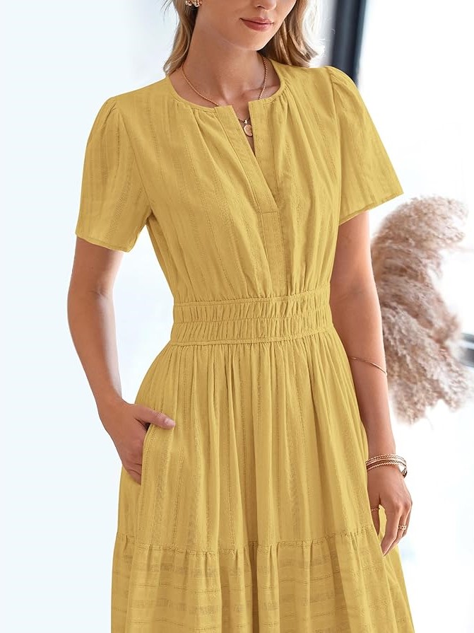Summer Casual Smocked Waist V-Neck Tiered Midi Dress