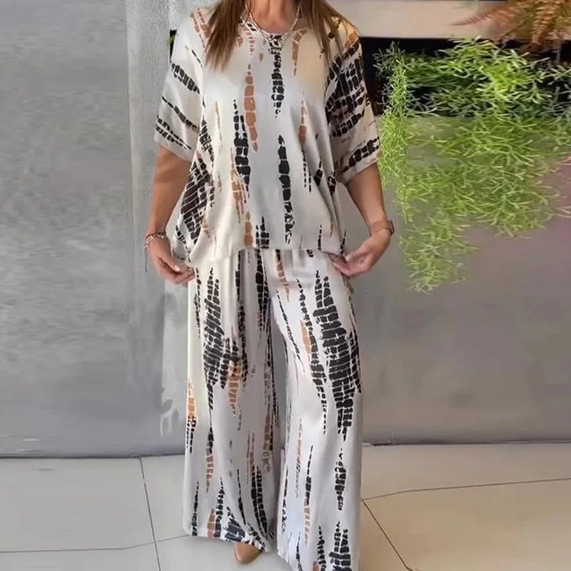 2 Piece Sets For Women Short Sleeve Oversized Blouses Tops Matching Wide Leg Pants