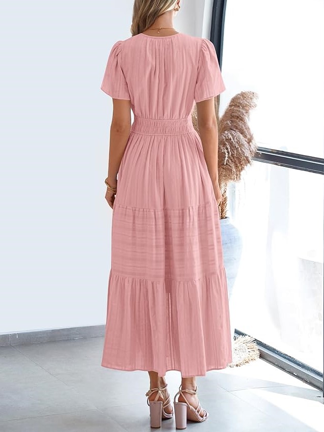 Summer Casual Smocked Waist V-Neck Tiered Midi Dress