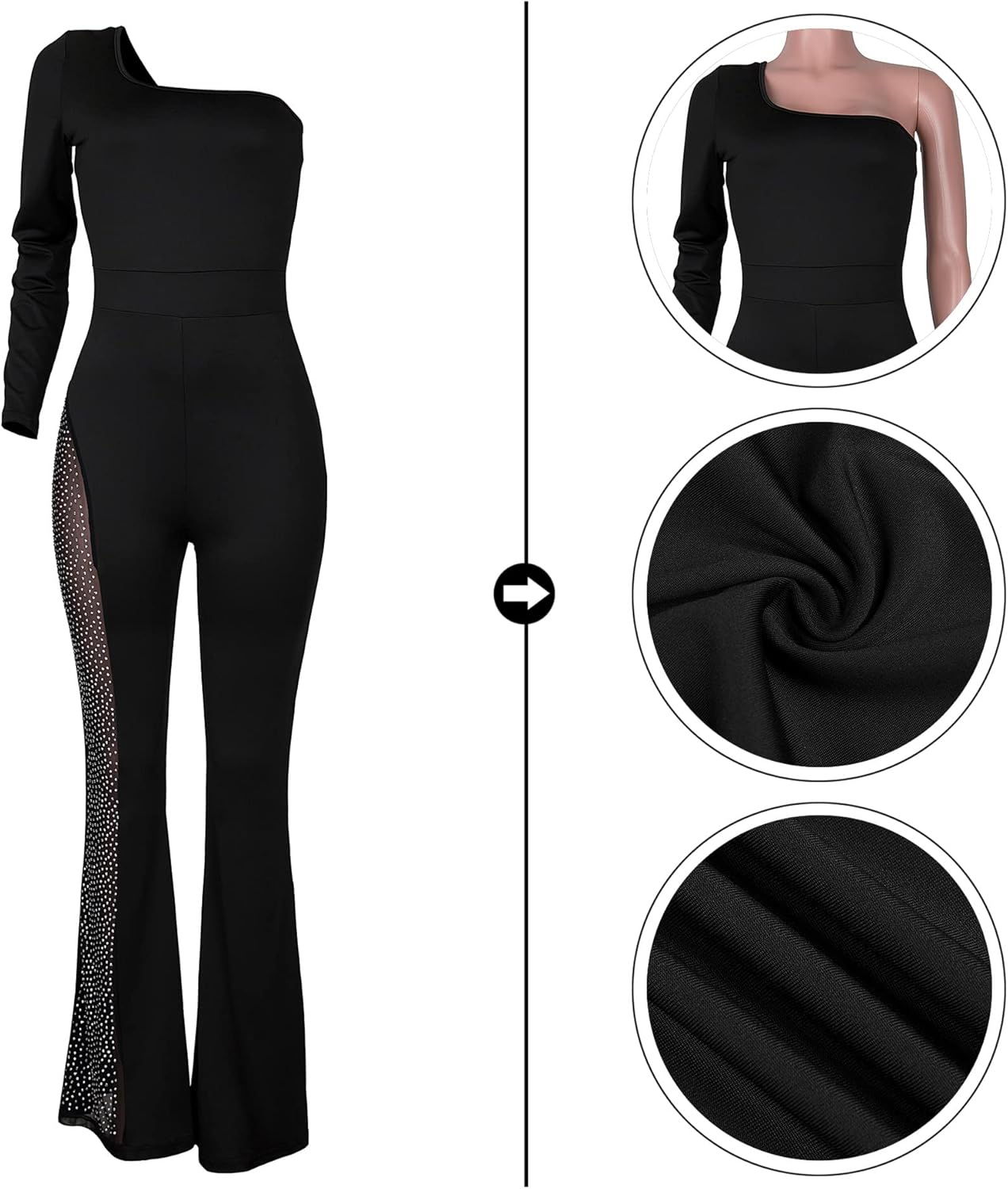 One Shoulder Bodycon Rhinestone Leg Jumpsuit (Buy 2 Free Shipping)