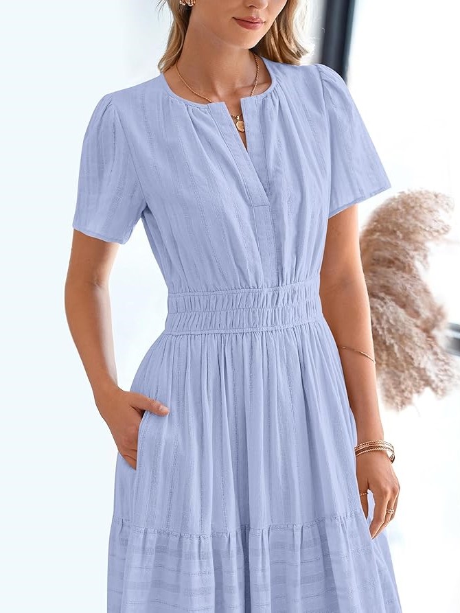 Summer Casual Smocked Waist V-Neck Tiered Midi Dress