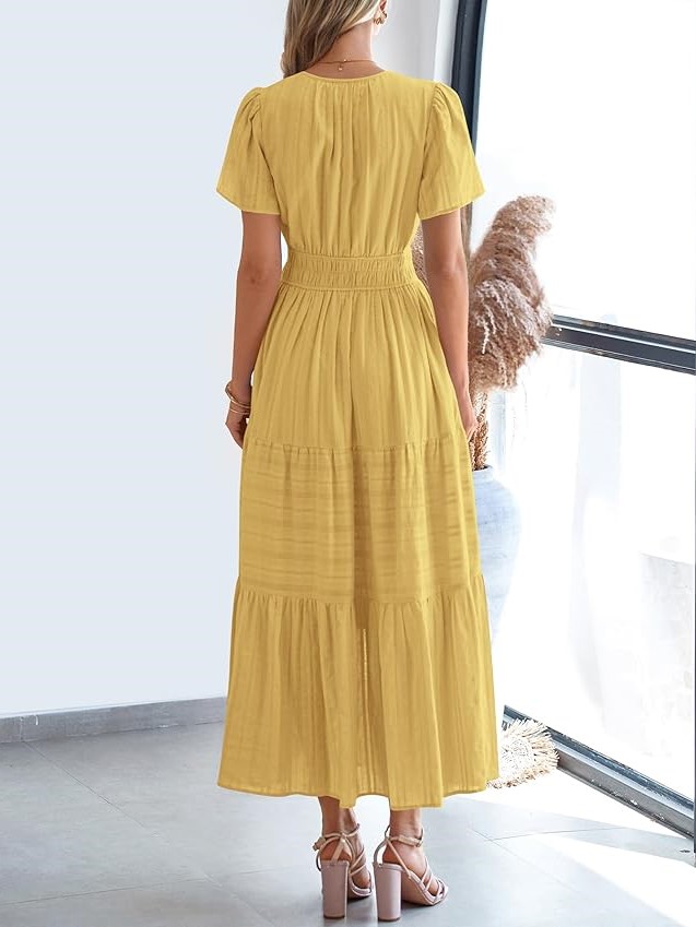 Summer Casual Smocked Waist V-Neck Tiered Midi Dress