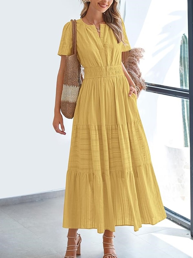 Summer Casual Smocked Waist V-Neck Tiered Midi Dress