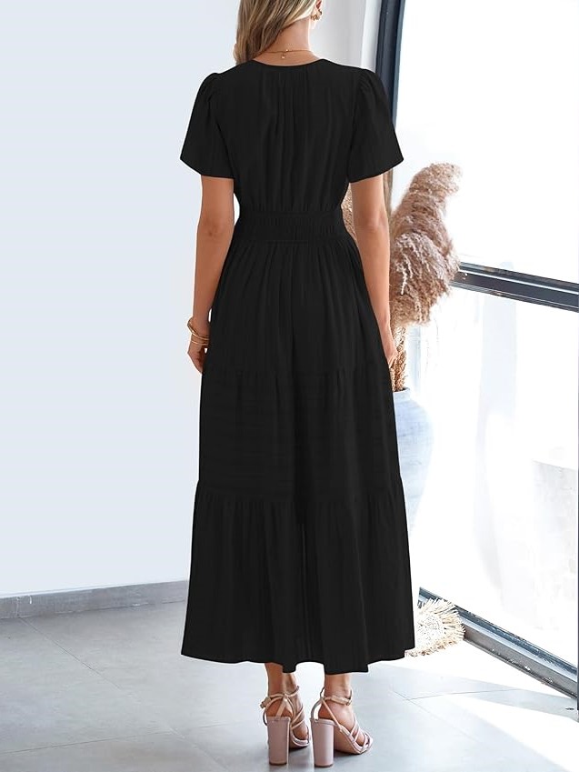 Summer Casual Smocked Waist V-Neck Tiered Midi Dress