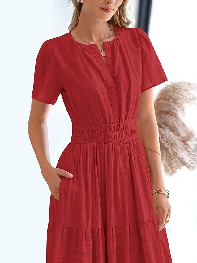 Summer Casual Smocked Waist V-Neck Tiered Midi Dress