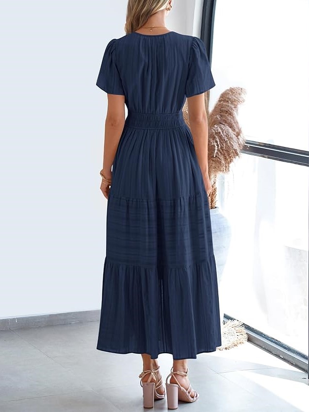 Summer Casual Smocked Waist V-Neck Tiered Midi Dress