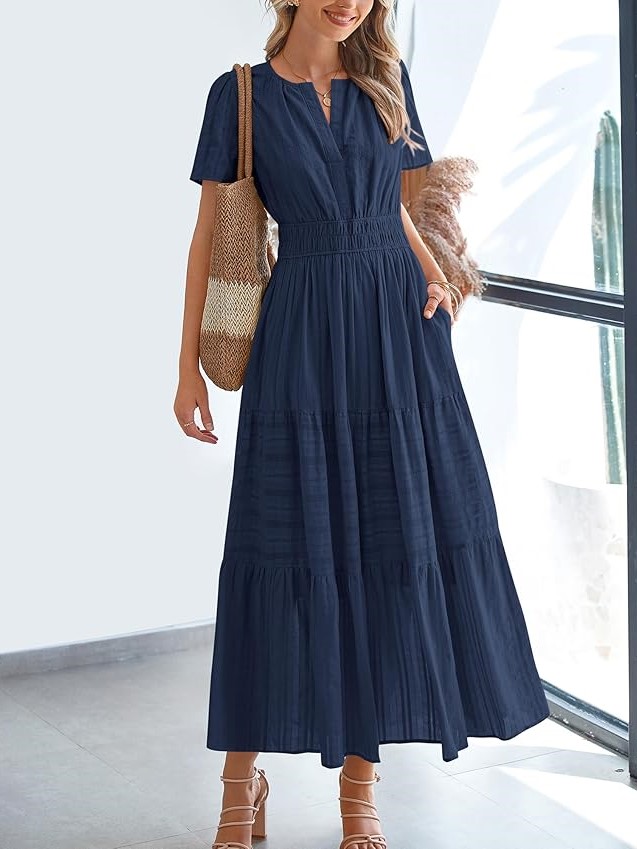 Summer Casual Smocked Waist V-Neck Tiered Midi Dress