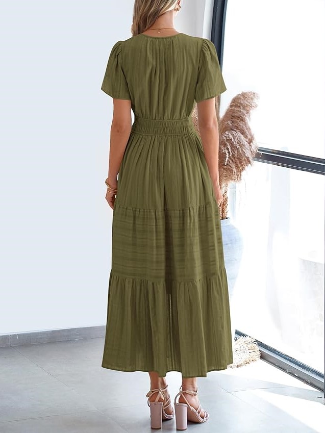 Summer Casual Smocked Waist V-Neck Tiered Midi Dress