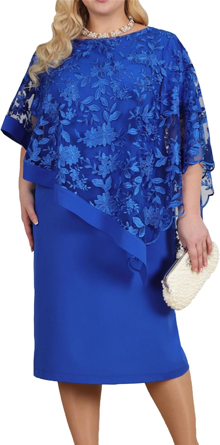 Plus Size Floral Lace Overlay Cape Midi Dress (Buy 2 Free Shipping)