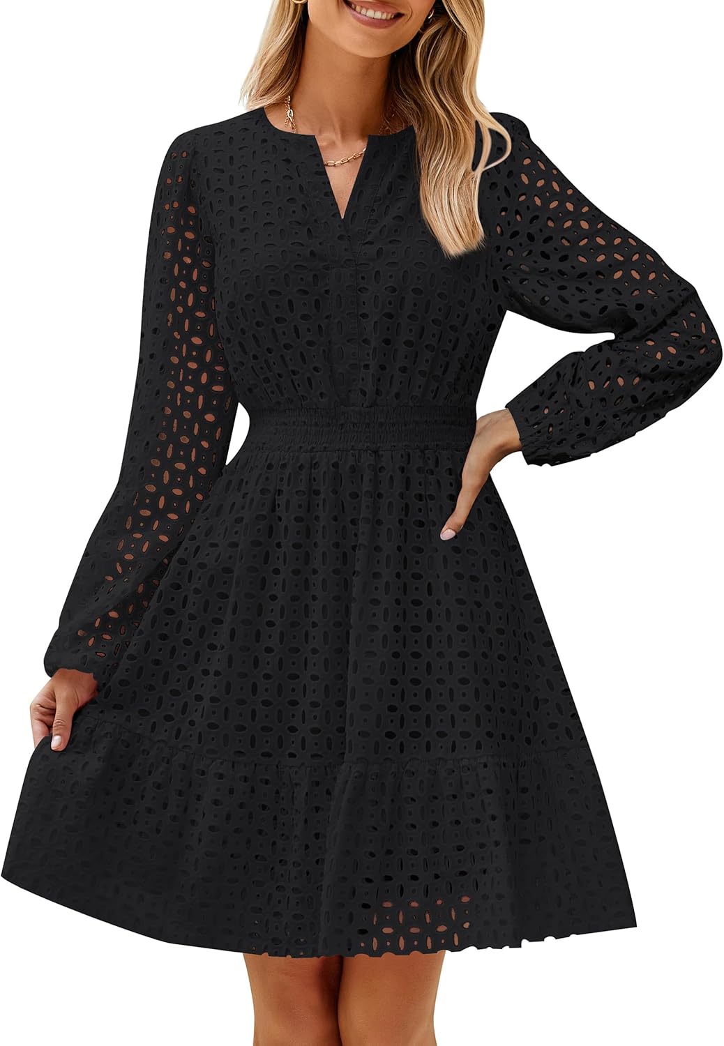 Long Sleeve Hollow Out Eyelet Dress (Buy 2 Free Shipping)