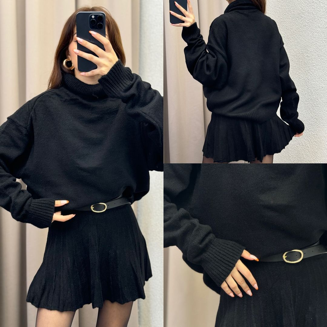 High-Neck Knitted Skirt Suit for Elegant Style(Top + Skirt)