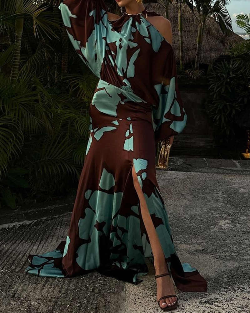 Off-the-shoulder Printed Slit Dress (Buy 2 Free Shipping)