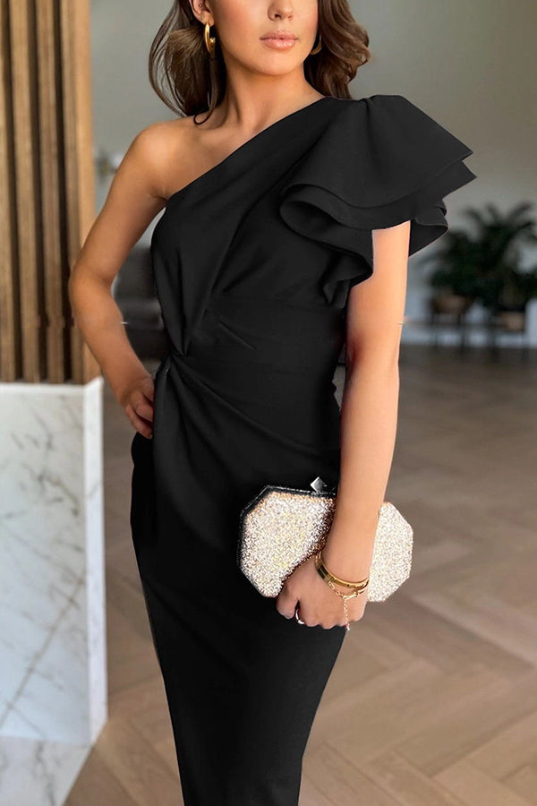 One Shoulder Tiered Ruffle Sleeve Twist Asymmetrical Slit Gown Maxi Dress