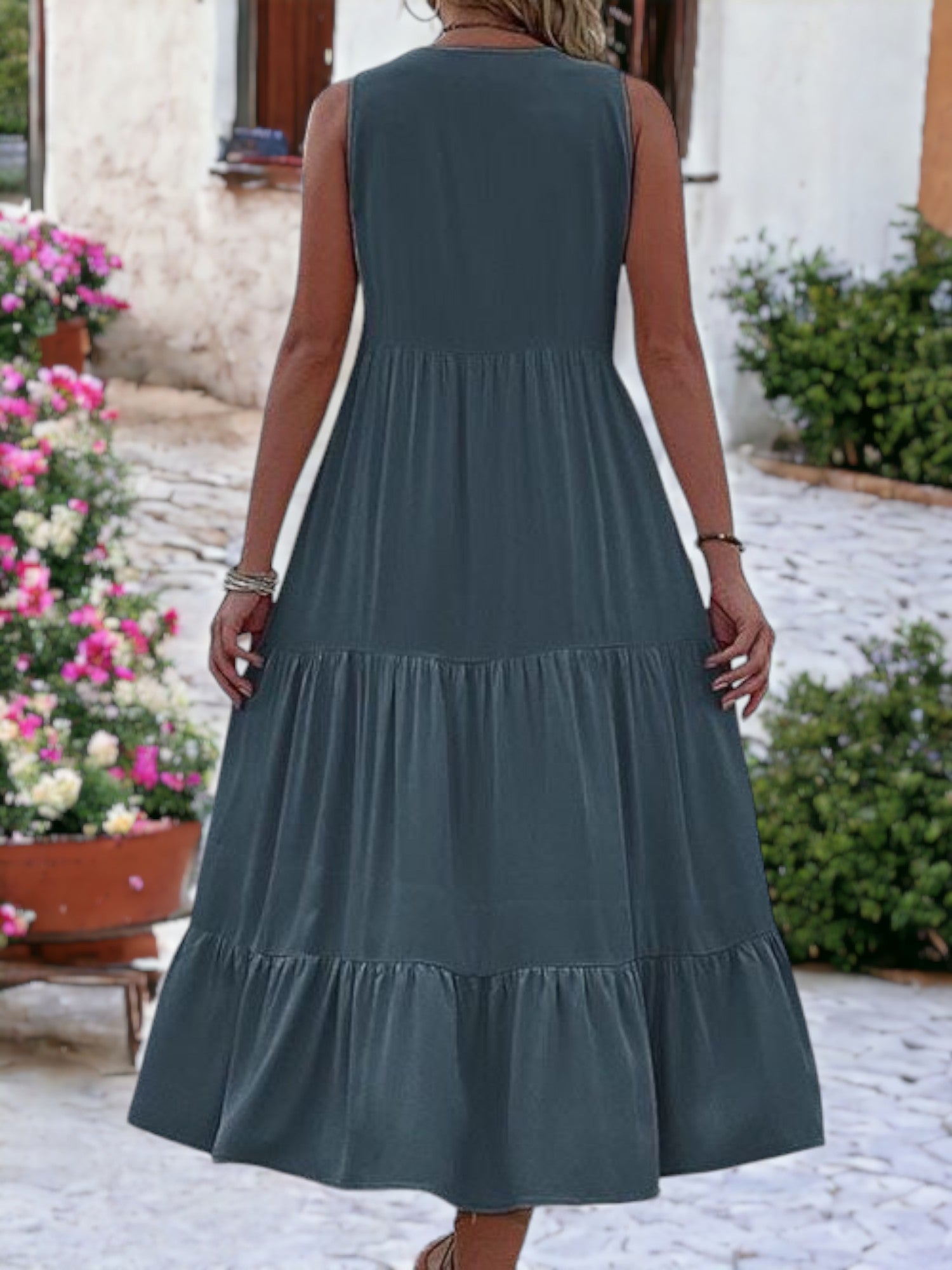 V-Neck Button Detailed Boho Midi Ruffle Dress For Women